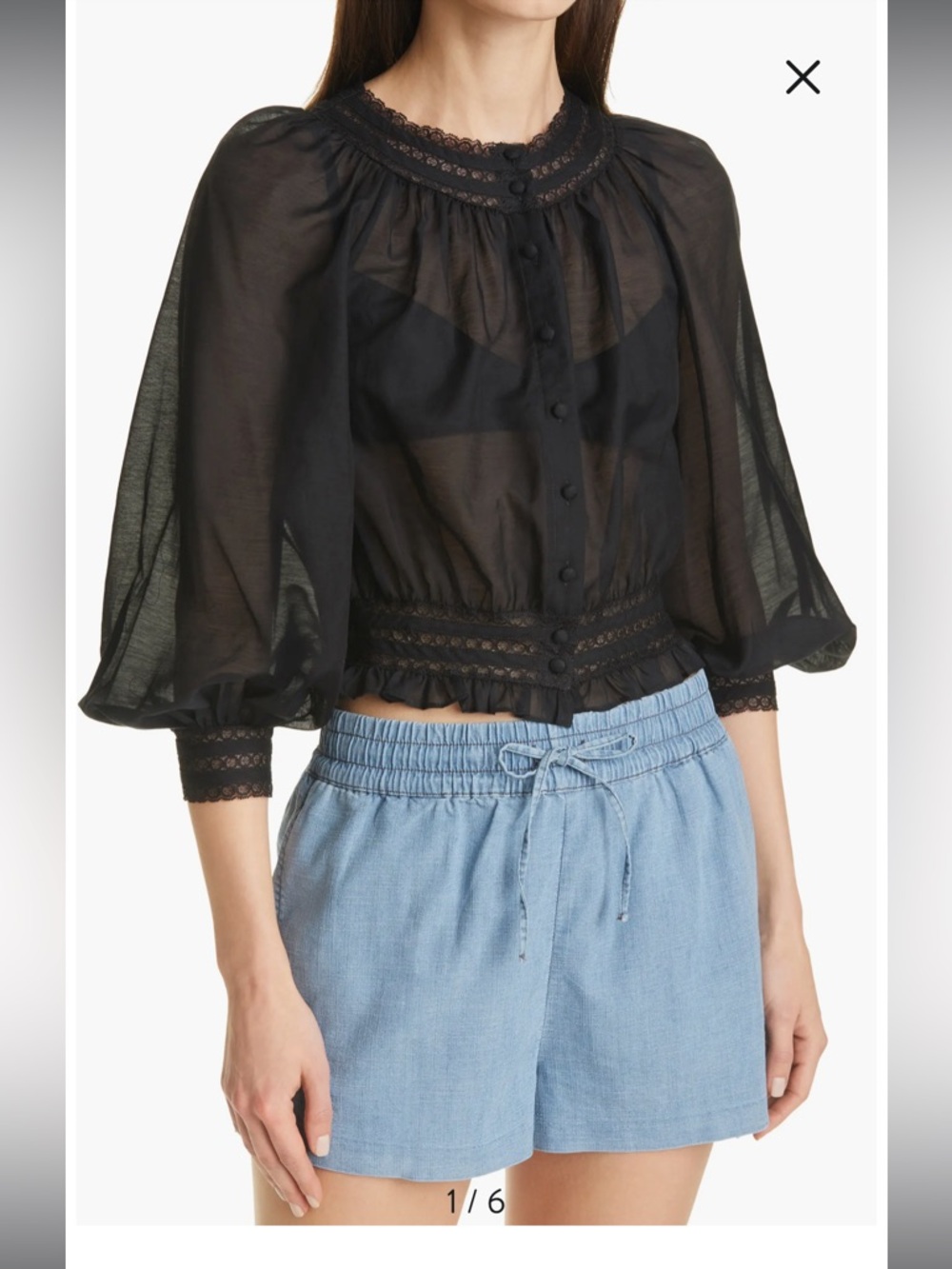 Alice + Olivia Black Cherelle Sheer Gathered Waist Cotton & Silk Blouse